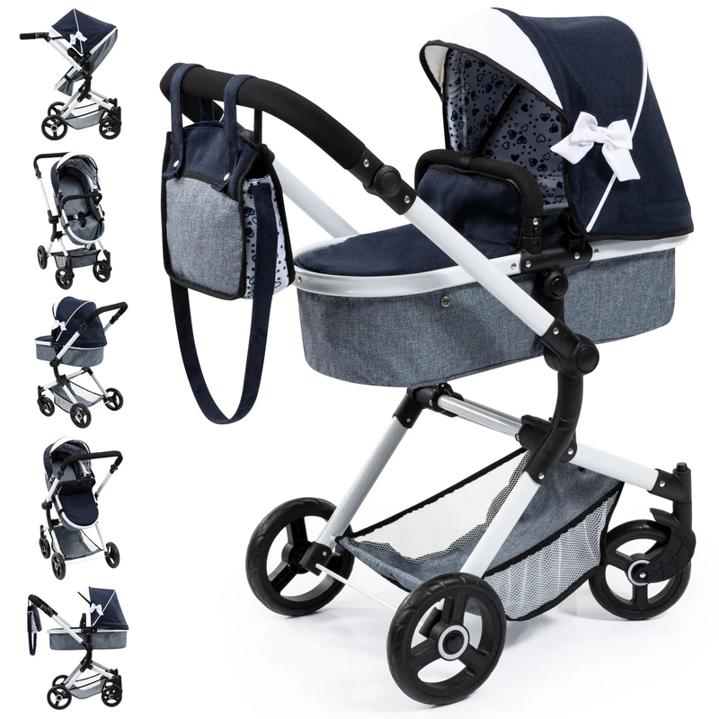 Bayer Design 18481AB Combi Doll's pram Neo Vario with Bag and Shopping Basket, Convertible into a Stroller, Height Adjustable, Blue, White
