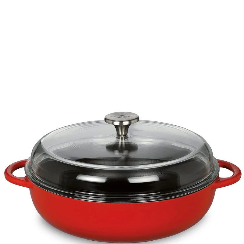 Küchenprofi Provence Cast Iron Pan Round Enamelled Red/Black Inner 24 cm with High Glass Lid Suitable for All Hobs Including Induction Casserole Dish Roasting Pan with Lid