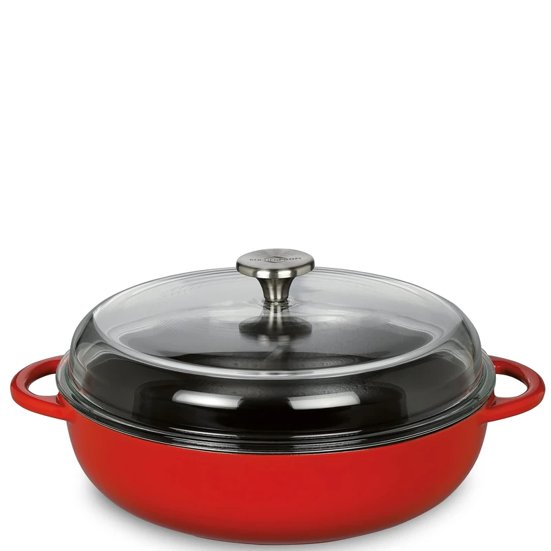 Küchenprofi Provence Cast Iron Pan Round Enamelled Red/Black Inner | 28 cm | with High Glass Lid | Suitable for All Hobs Including Induction | Casserole Dish with Lid