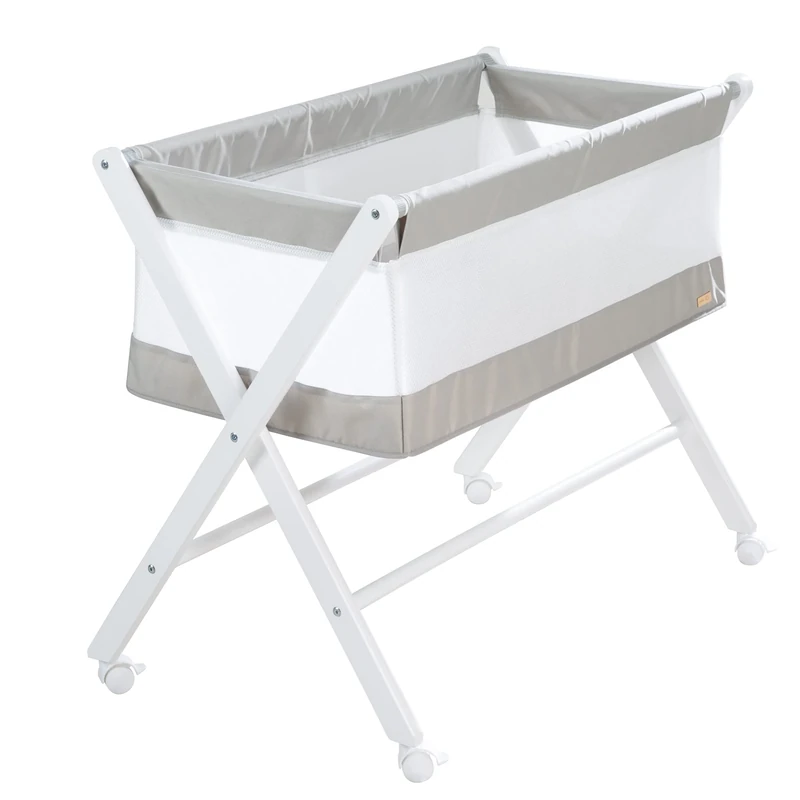 roba Foldable Crib - Made of Canvas & Mesh Material + Castors & Mattress - White-Grey