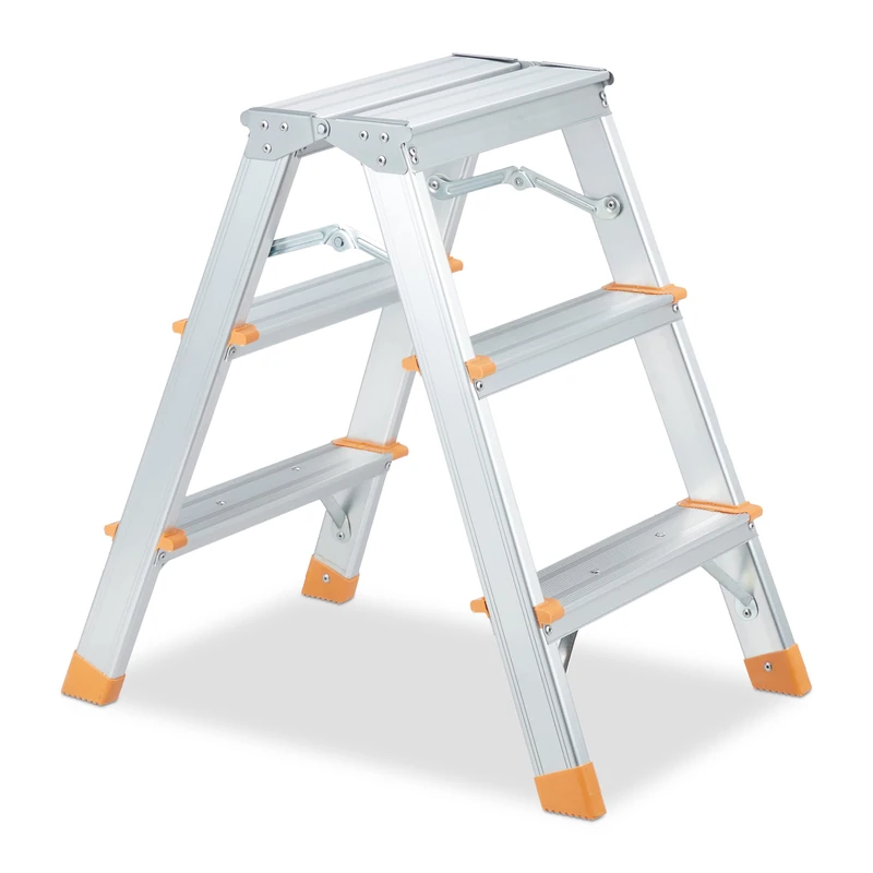 Relaxdays Aluminium Stepladder, Folding, 3 Tread, Ladder up to 150 kg, Double-Sided, Step Stool, Silver/Orange