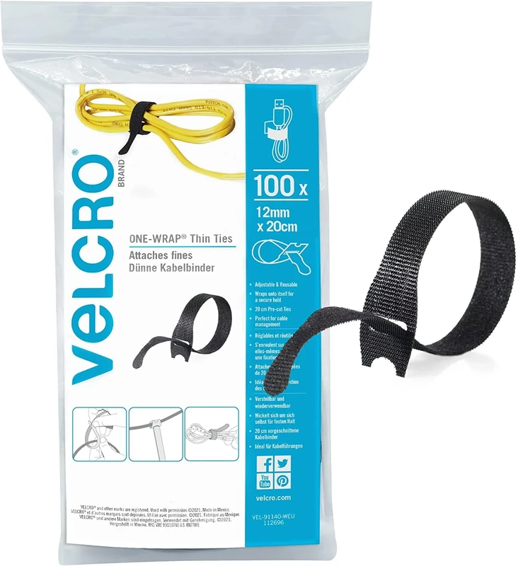 VELCRO Brand | ONE-WRAP | Reusable Thin Ties | Multi-Purpose Ties Perfect Desk Accessories for Cable Management & Home Improvement | Black | 12mm x 20cm | Pack of 100