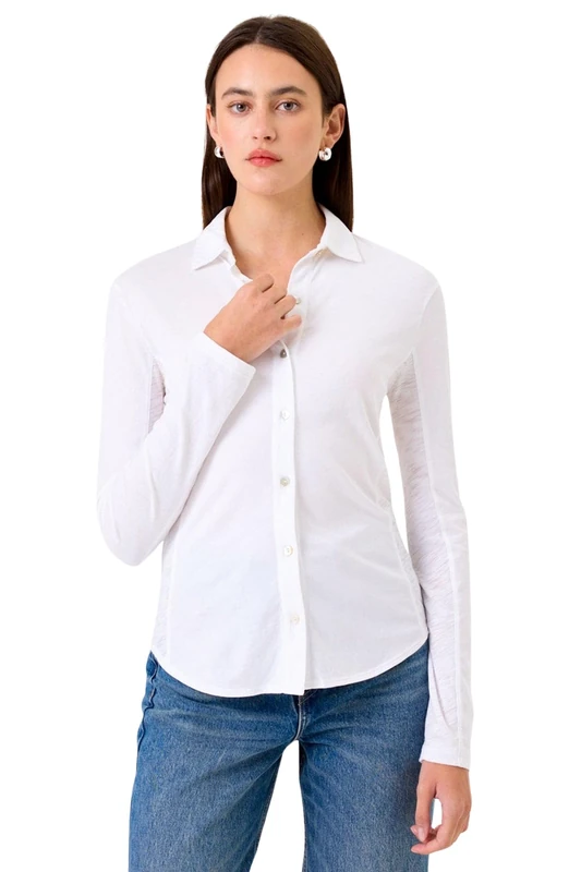 Goldie Lewinter Women's Jersey + Slub Button Down Shirt T, White, Medium - Image 1