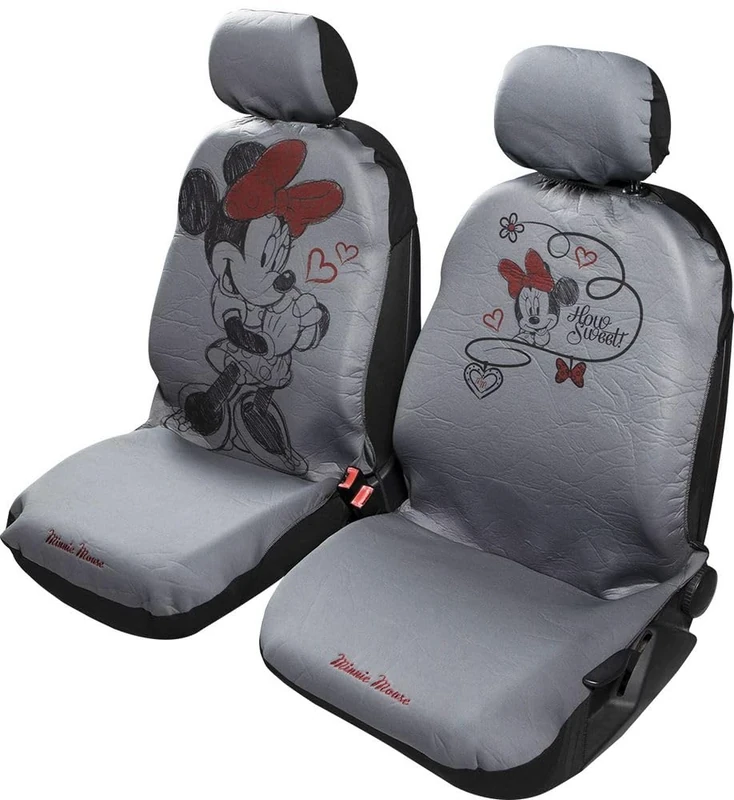 Pair Front Car Seat Covers Minnie Mouse Mickey Mouse Headrest Grey Red Airbag Compatible Universal For All Cars - Image 1