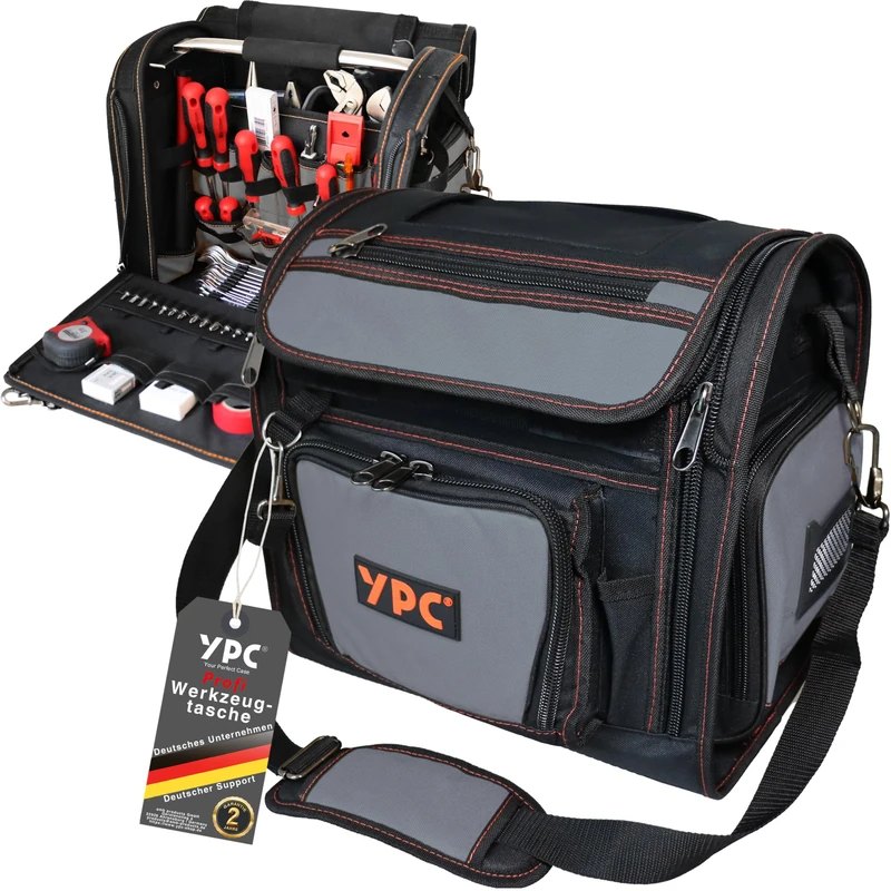 YPC Foreman XL Tool Bag - Portable Storage Bag with Carabiner Hook, Waterproof, Tear-Resistant, Sturdy Metal Handle & Shoulder Strap with Padding, Grey/Black, 37 x 36 x 27 cm - 20 kg Load Capacity