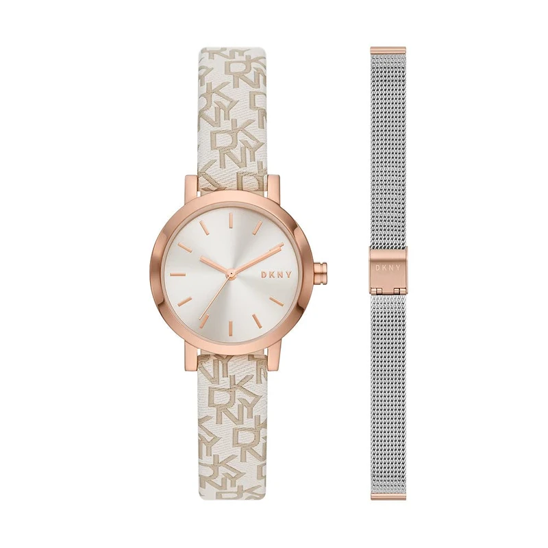 DKNY Watch for Women Soho, Three Hand movement, 28mm Rose Gold Stainless Steel case with a Stainless Steel strap, NY6605SET