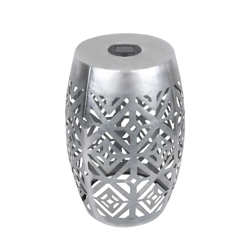 Teamson Home Outdoor Garden 2 In 1 Round Large Solar Powered Lantern, LED Floor Patio Light, 12.5 Inch Side Table Stand, Outdoor Garden D�cor, Silver