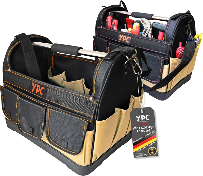 YPC Pioneer XXL Tool Basket - Professional Portable Tool Bag with Sturdy Base, Waterproof, Tear-Resistant, Shoulder Strap with Pad & Metal Handle, Beige/Black, 45 x 35 x 23 cm - 20 kg Load Capacity