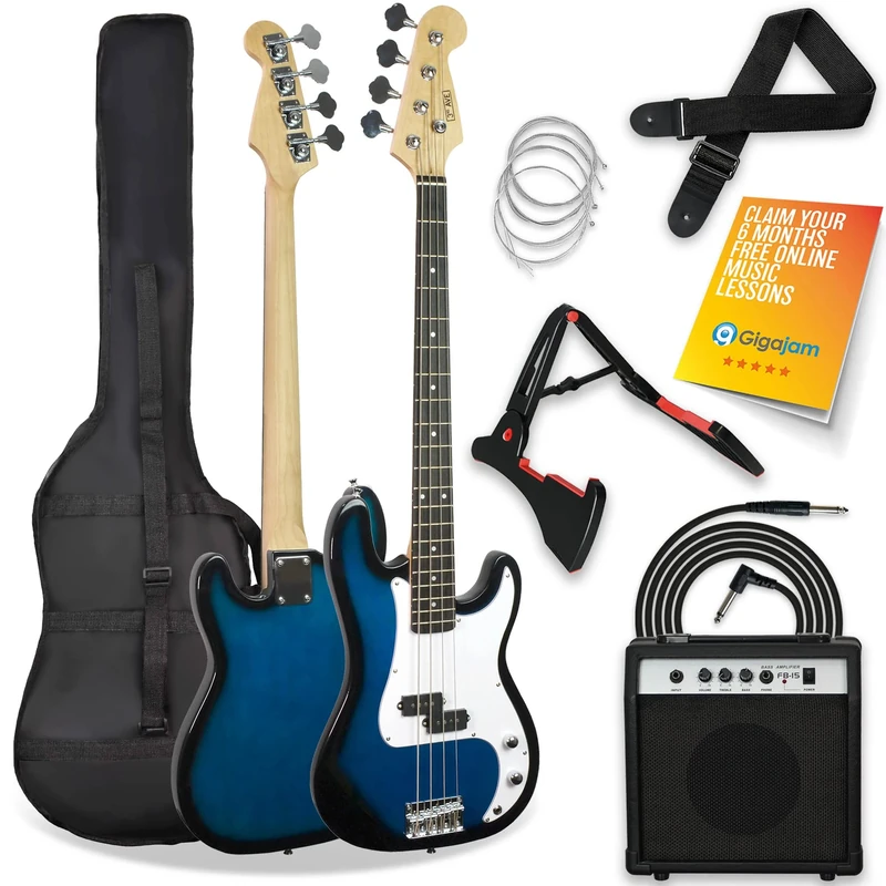 3rd Avenue Full Size 4/4 Electric Bass Guitar Beginner Pack Kit with 15W Amplifier, Bag, Cable, Strap, Stand and Spare Strings – Blue