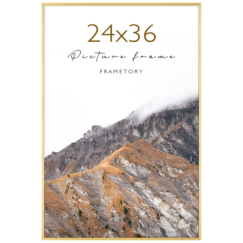 Frametory, 24x36 Aluminum Picture Frame, Acrylic Front, Thin Metal Poster Frame for 24 x 36 Pictures, Horizontal/Vertical Wall Mount (1 Pack Gold)