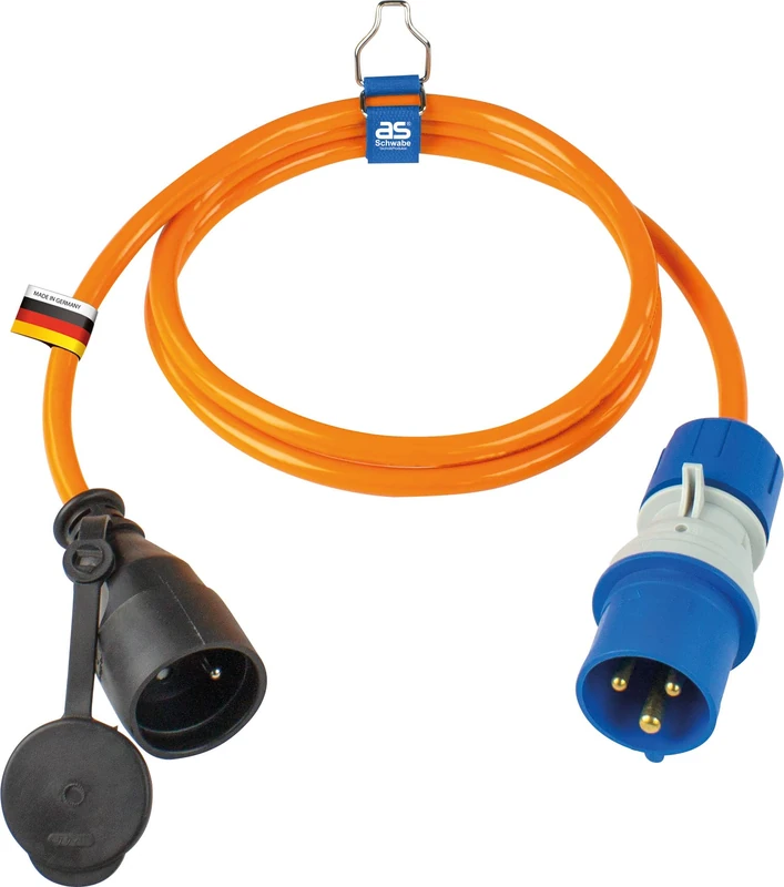 as - Schwabe Caravan CEE Adapter Cable 1.5 m Polyurethane Cable, CEE Plug with Powerlight Voltage Display and Earthing Contact Socket, IP44 with Protective Cap, 3-Pin, Made in Germany, Orange I 862435