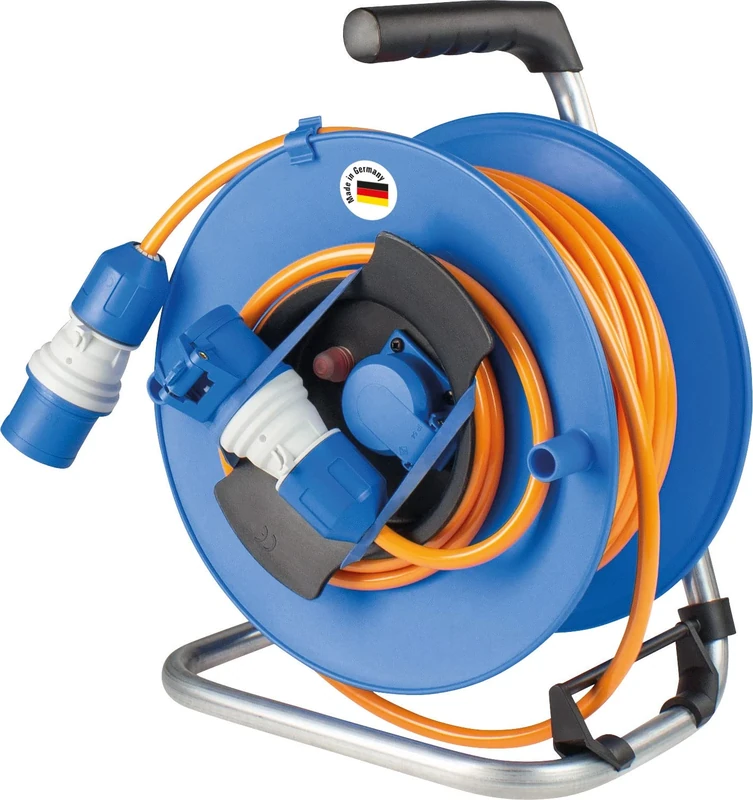 as - Schwabe CEE Camping Drum, 25 m Polyurethane Cable with CEE Plug, 1.5 m Cable with CEE Coupling, powerlight Voltage Indicator, Earthing Contact Socket with Safety hinged lid, IP44, 12272