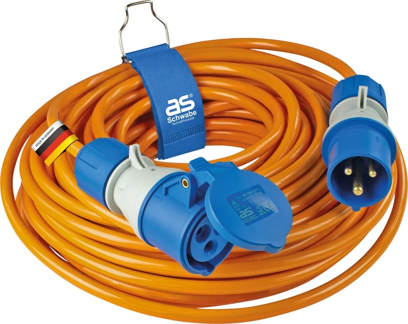 as - Schwabe Camping Extension Cable 25 m - 230 V / 16 A / 3-Pin - CEE Plug with Voltage Indicator - CEE Coupling with Hinged Lid - Motorhome Extension - Made in Germany - IP44, 62433