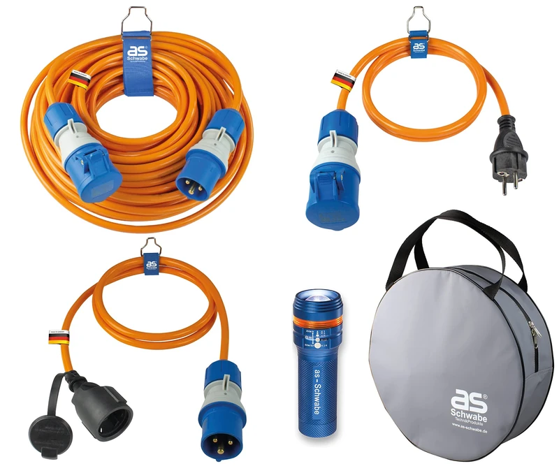 as - Schwabe 5-Piece Camping Set: 25 m Extension Cable, 2 x 1.5 m Adapter Cables, with Powerlight Voltage Display, 1 x Powerful LED Torch XT1 and 1 x Protective Bag, Made in Germany | 19706 - Image 1