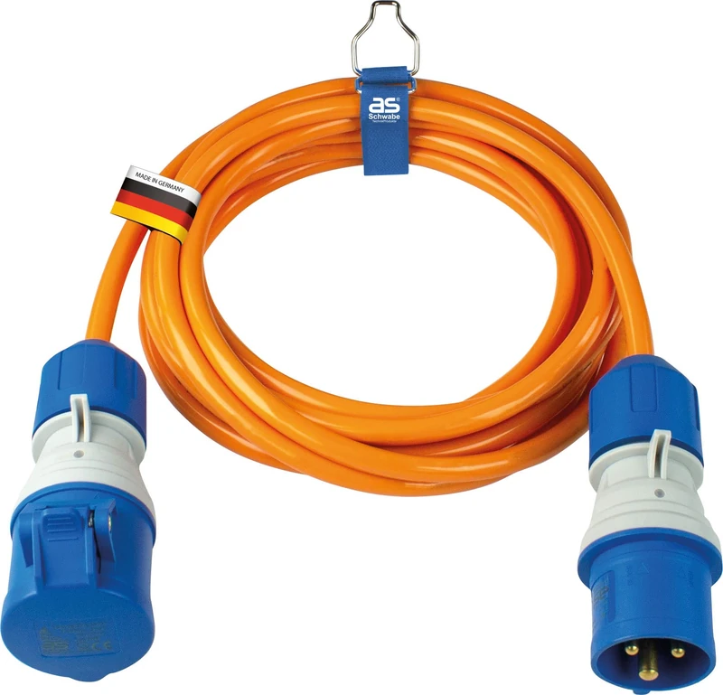 as - Schwabe CEE 62431 Camping Extension Cable 5 m Polyurethane with Powerlight Voltage Display, CEE Plug & Coupling, 3-Pin 230 V/16 A, Outdoor IP44 Splash Protection, Orange