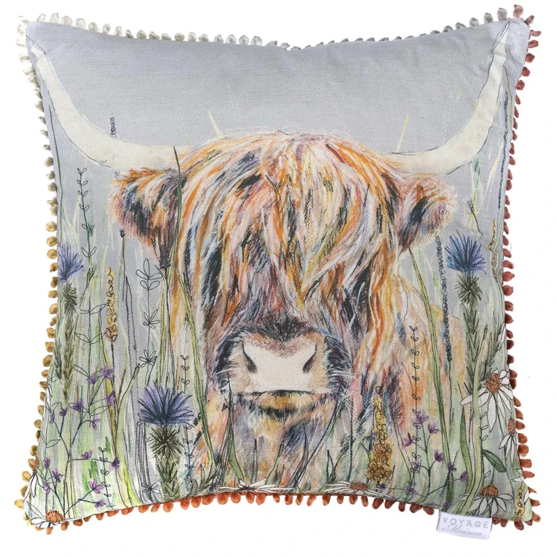Voyage Maison Alfie Feather Filled Cushion – Highland Cow Wildflower British Countryside Decor (Silver - 50x50cm)