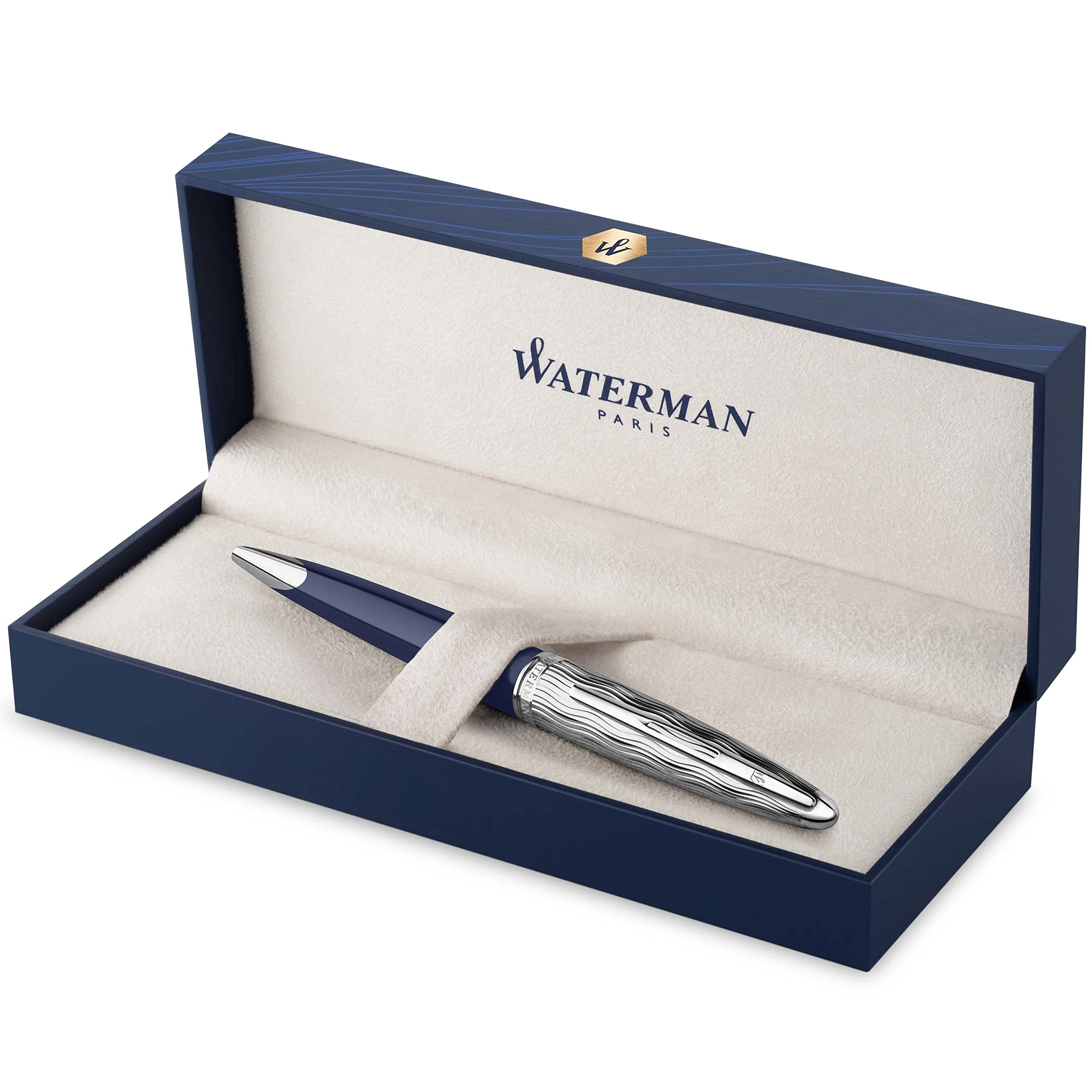 Waterman Carène Ballpoint Pen | Metal & Blue Lacquer | Chiselled Cap | Blue Ink | Gift Box