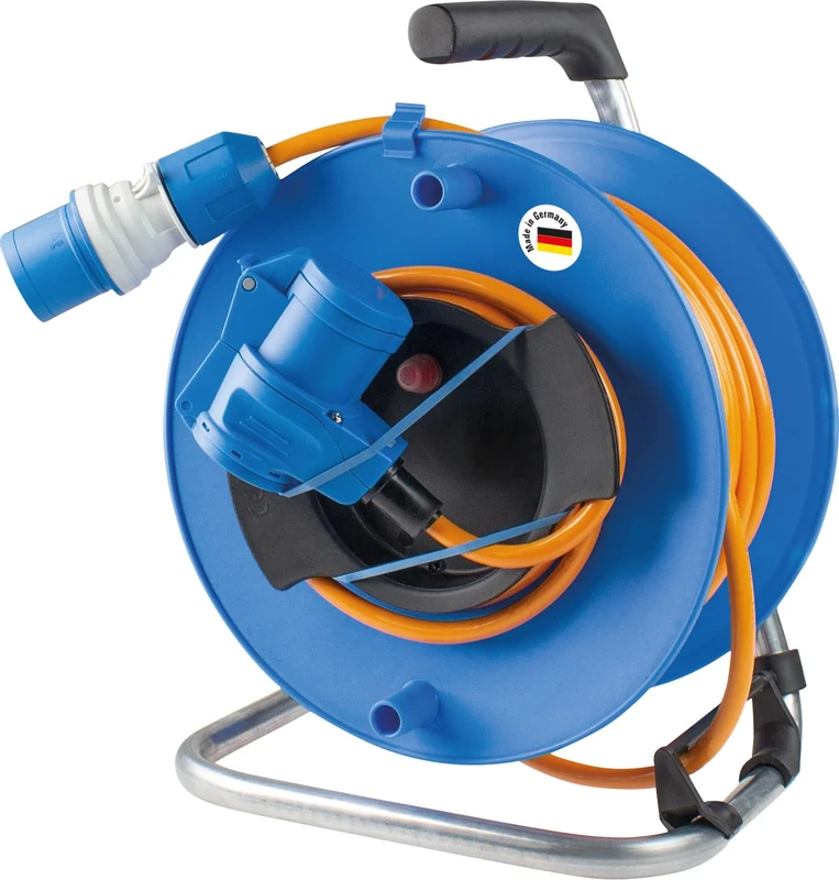 as - Schwabe Camping Device Cable Reel 230 V / 16 A / 3-pin, 25 m Polyurethane Cable, 1.5 m Connection Cable with CEE Angled Coupling and Earthing Contact Socket and CEE powerlight Plug, IP44, 12276