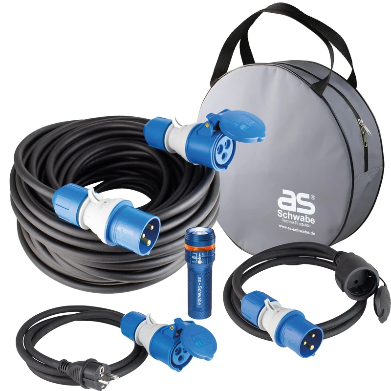 as - Schwabe 5-Piece Camping Set: 25 m Extension Cable, 2X 1.5 m Adapter Cables, with powerlight Voltage Display, 1x Powerful XT1 LED Torch and 1x Protective Bag, Made in Germany, 19705