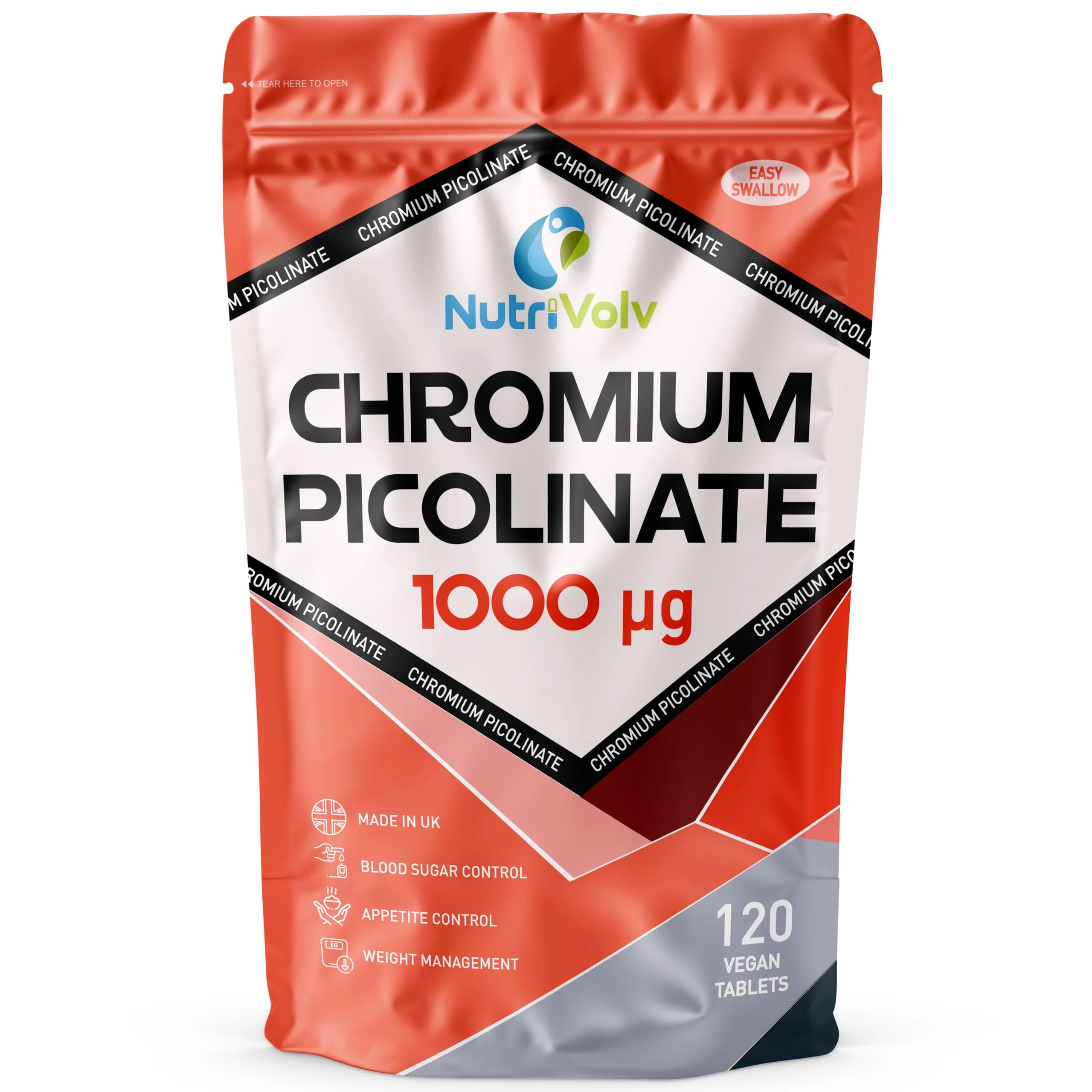 NutriVolv Chromium Picolinate 1000µg | High Strength 120 Tablets | Glucose Metabolism & Cravings Support | Energy & Weight Management | Vegan Supplement
