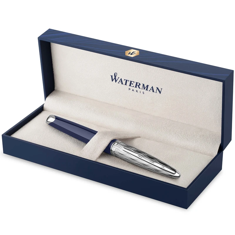 Waterman Carène Fountain Pen | Metal & Blue Lacquer | Chiselled Cap | 18K Gold Medium Nib | Blue Ink | Gift Box