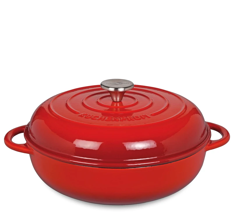Küchenprofi Cast Iron Enamelled Pan with Side Handles and Cast Iron Lid Red 28 cm