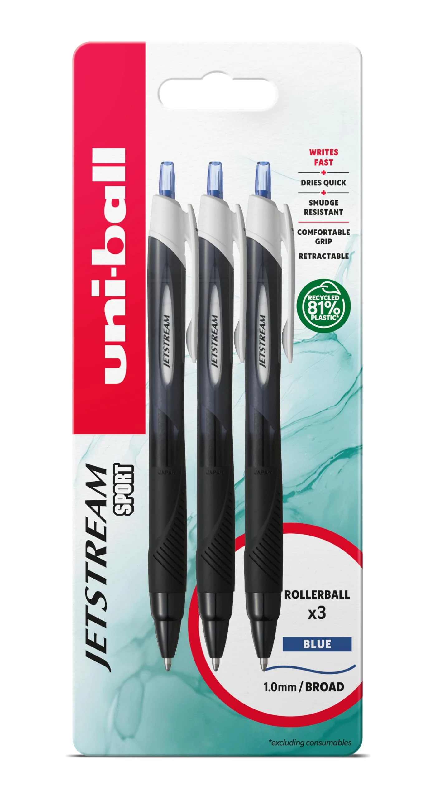 uni-ball Jetstream Sport SXN-150S Ballpoint Gel Pens. Premium 1.0mm Rollerball Tip. Smooth Writing Blue Uni Super Ink Dries Instantly. Does Not Smudge. Pack of 3