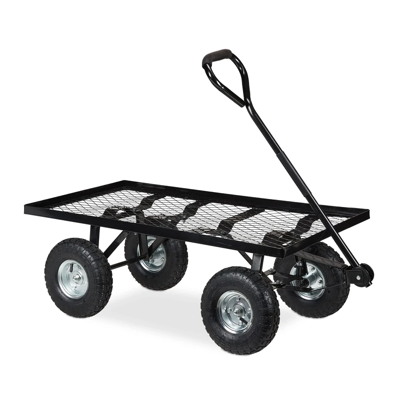Relaxdays Flatbed Cart, Garden Trolley, with Pneumatic Wheels, HWD: 34.5 x 51 x 96 cm, up to 200 kg, Steel Wagon, Black, 34,5 x 51 x 96 cm