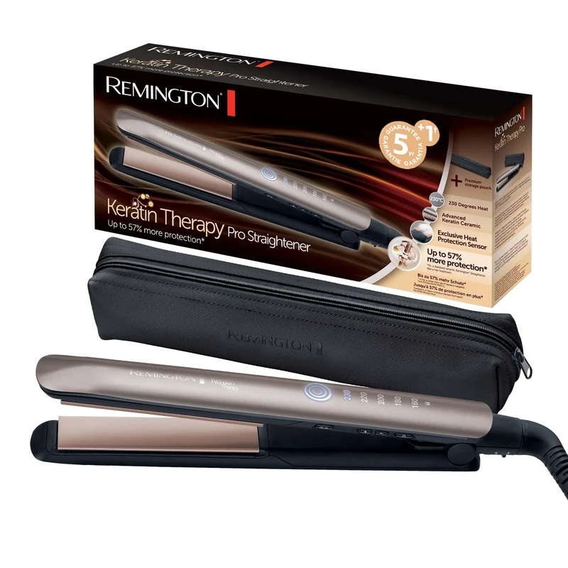 Remington Hair Straightener [Innovation: Heat Protection Sensor] Keratin Therapy (Keratin & Almond Oil Care, Ceramic, LCD Screen, 160-230°C, Pouch) Straightening Iron S8593