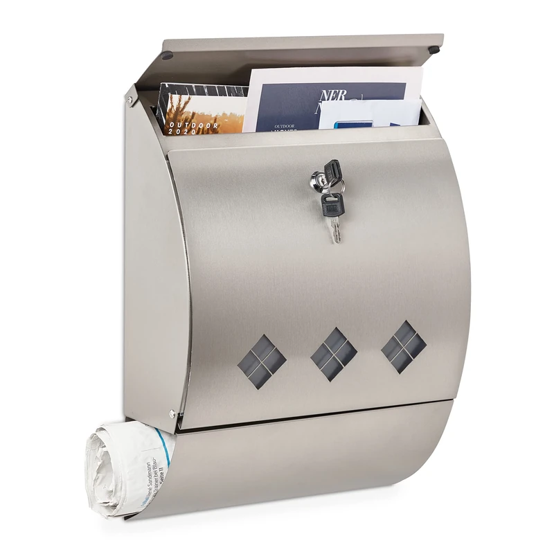 Relaxdays Mailbox Stainless Steel, Letter Box with Newspaper Compartment & Viewing Window, 40x30x12.5 cm, 2 Keys, Silver
