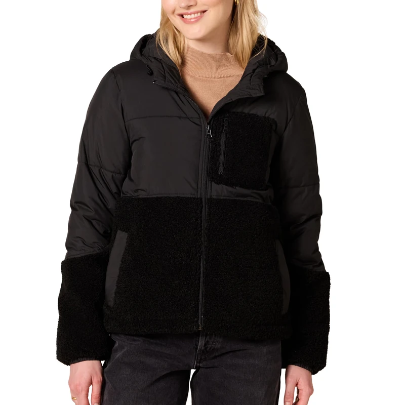 Amazon Essentials Women's Full-Zip Sherpa Fleece Hooded Puffer Jacket, Black, Small