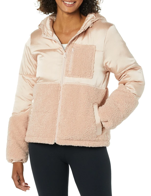 Amazon Essentials Women's Full-Zip Sherpa Fleece Hooded Puffer Jacket, Blush, X-Large
