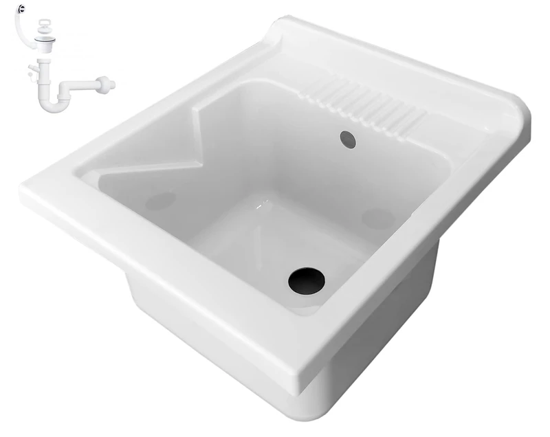 Negrari PP Resin Wash Basin 45 x 50 cm (for Replacement or Built-in) Complete with Siphon and Drain, White