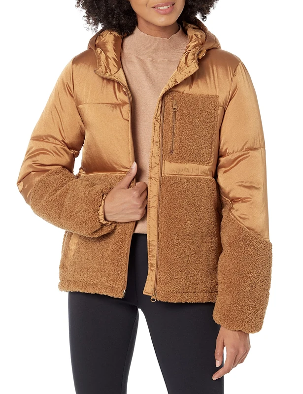 Amazon Essentials Women's Full-Zip Sherpa Fleece Hooded Puffer Jacket, Dark Camel, Large