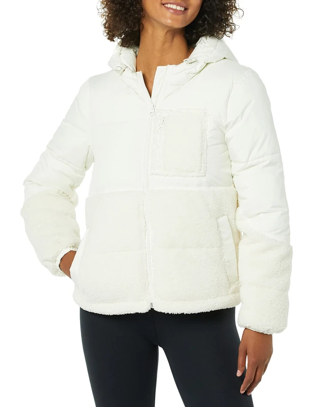 Amazon Essentials Women's Full-Zip Sherpa Fleece Hooded Puffer Jacket, Ivory, Large