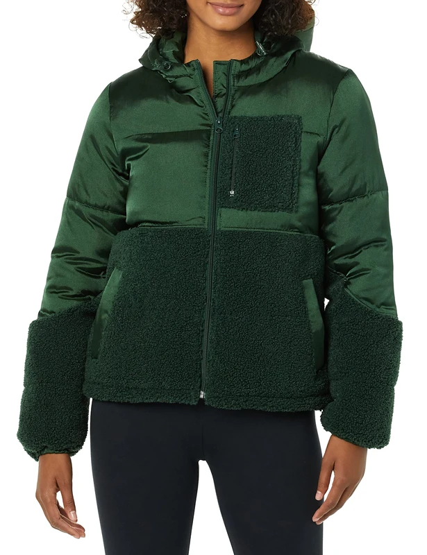 Amazon Essentials Women's Full-Zip Sherpa Fleece Hooded Puffer Jacket, Dark Green Shiny, Small