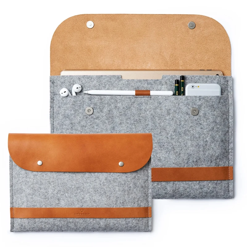 CITYSHEEP 12.9 Inch iPad Pro Sleeve Protective Case Carrying 12.9” Bag. Wool Felt, Italian Vegetable Tanned Leather. Fits with Smart or Magic Keyboard Attached. Apple Pencil Holder. Tan/Gray.