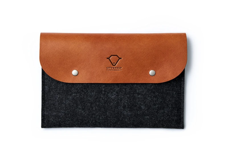CITYSHEEP "Carry More" Cable Cord Organiser, Travel Charger Bag Vegetable Tanned Full Grain Leather and Natural Merino Wool Felt Tan Anthracite Colour - Image 1
