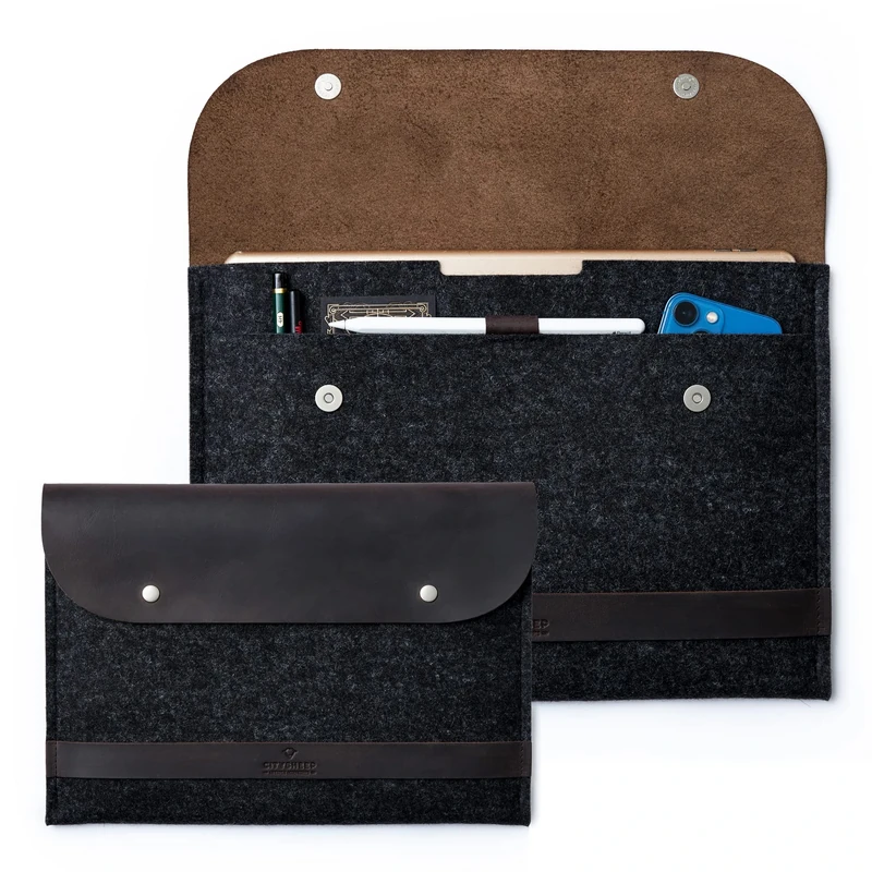 CITYSHEEP "Carry More" Case Sleeve bag for iPad Pro 12.9" 2018-2022. Fits Magic keyboard/Smart Folio. Natural wool felt, Crazy Horse leather. Carrying protective tablet case. Brown/Anthracite.
