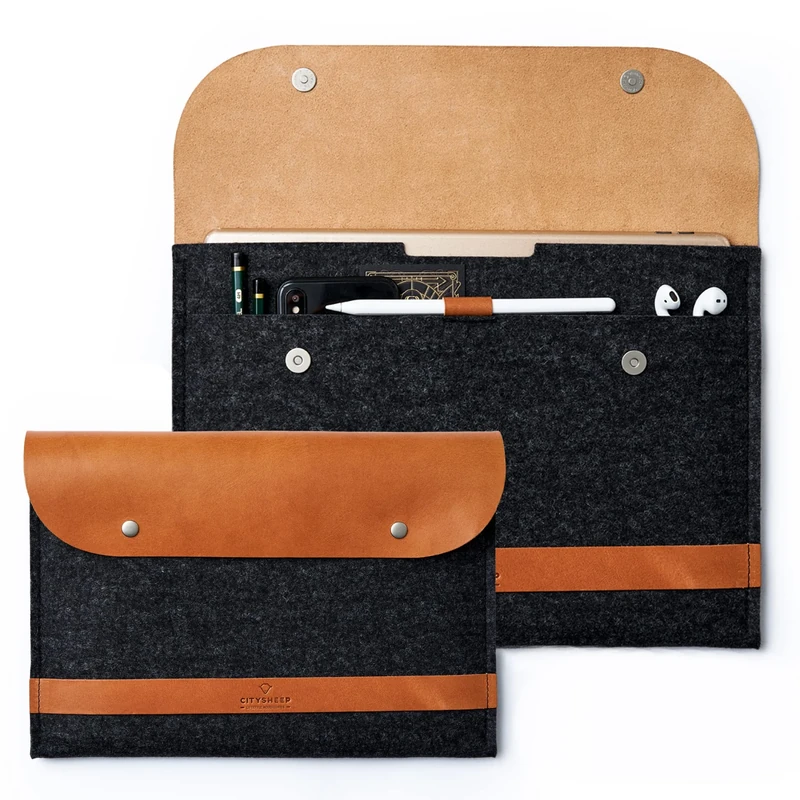 CITYSHEEP iPad Pro 12.9 inch Sleeve Case Bag Fits With Smart or Magic Keyboard Attached. Additional Compartment for Charger, Accessories. Wool Felt, Italian Leather. Tan/Anthracite.