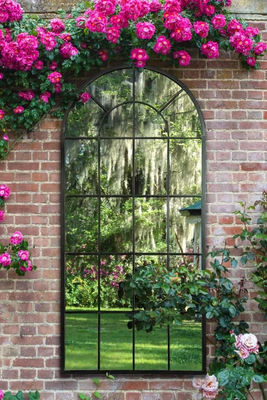 MirrorOutlet Large New Black Multi Panelled Arched Window Garden Outdoor Mirror 5ft3 x 2ft9 160cm x 55cm,GMA029