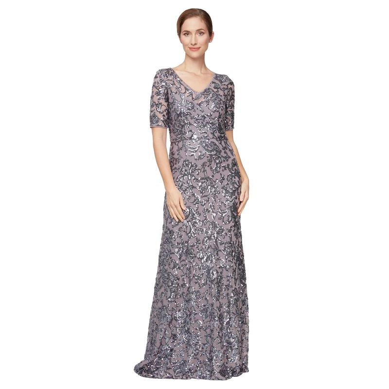 Alex Evenings Women's Long Length A-line Sequin Lace V-Neck Mother of The Bride Dress, Formal Event Gown with Short Sleeves Special Occasion, ICY Orchid, 22