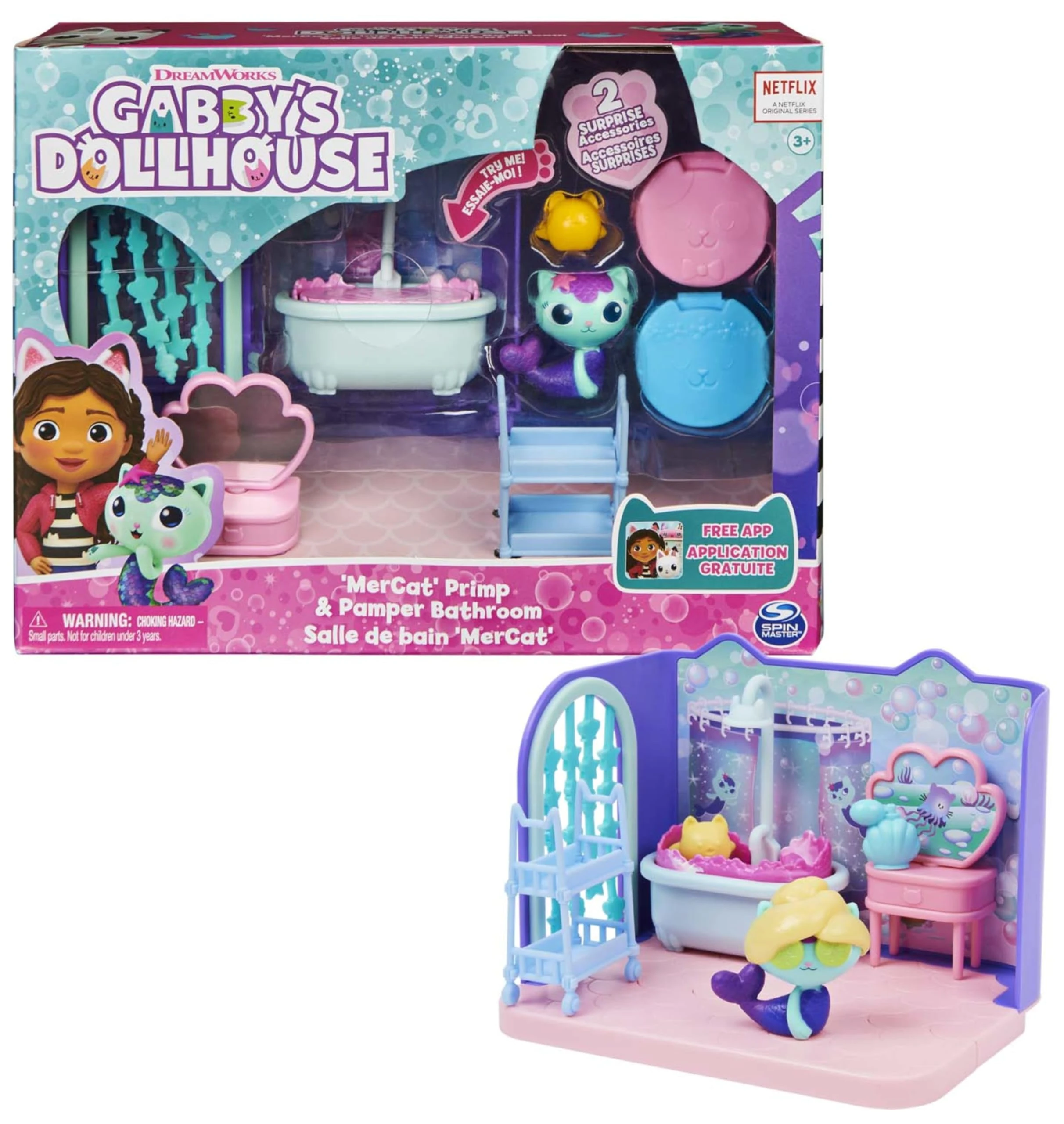 Gabby’s Dollhouse, Primp and Pamper Bathroom with MerCat Figure, 3 Accessories and & 3 Furniture Pieces, Kids’ Toys for Ages 3+