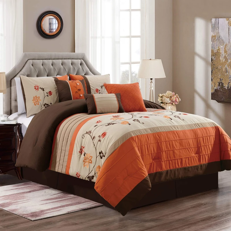 Chezmoi Collection Serene 7-Piece Luxury Autumn Floral Embroidery Comforter Set, King, Orange/Brown/Taupe