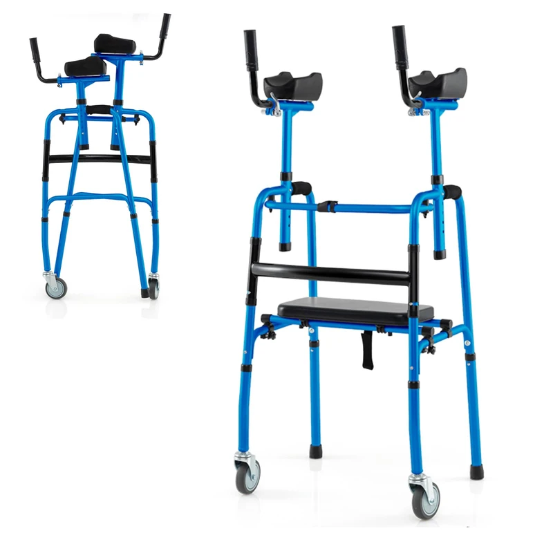 GYMAX Walking Frame, Folding Standard Walker with Wheels, Arm Supports and Soft Padded Seat, Height Adjustable Assisted Walking Aid