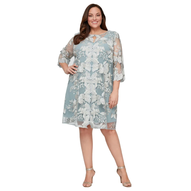 Alex Evenings Women's Plus Size Midi Scoop Neck Shift Dress with Jacket Special Occasion, Ice Sage, 24