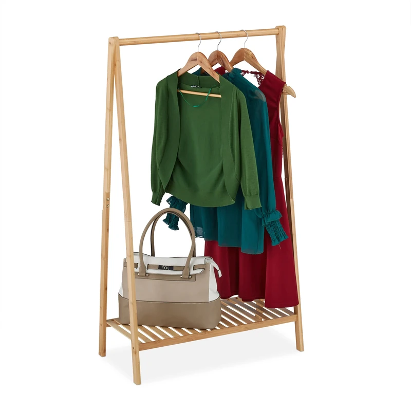 Relaxdays Clothes Rack, Bamboo, Rail with Shoe Shelf, Free-Standing, Hallway & Bedroom, 120 x 67 x 35 cm, Natural