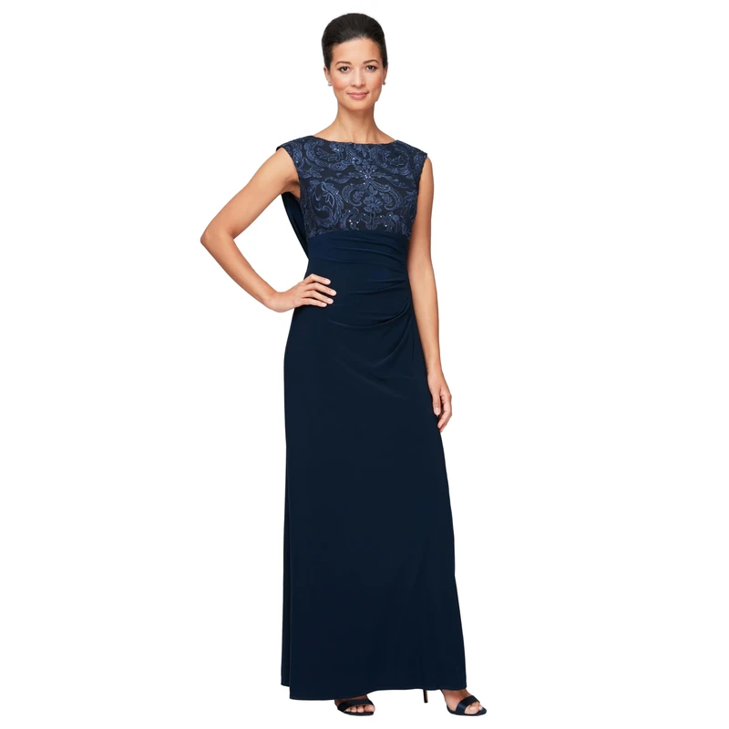 Alex Evenings Women's Long Cowl Back Dress (Petite and Regular) Special Occasion, New Navy, 10