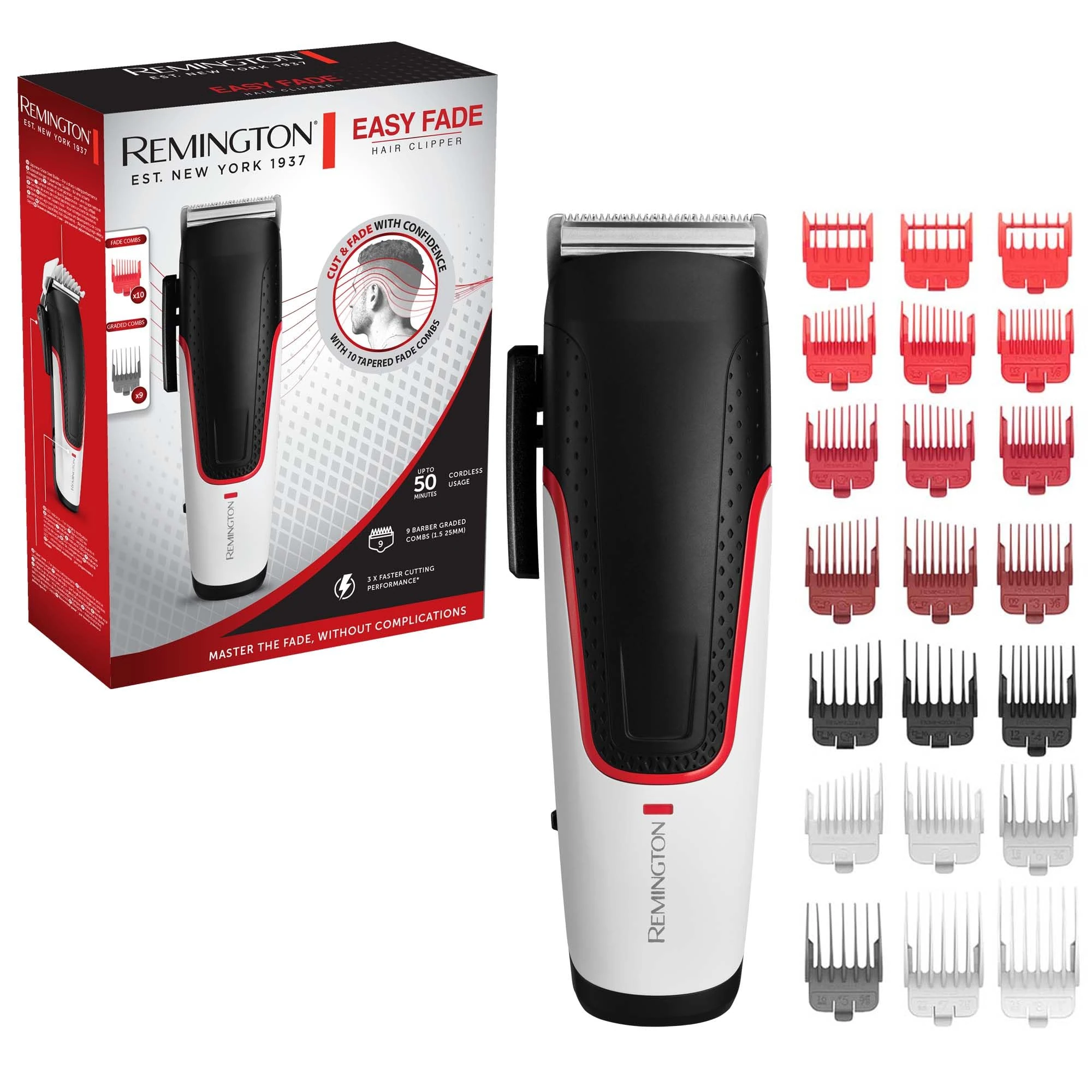Remington Hair Clippers [Special Gradient] Easy Fade (Self-Sharpened Steel Blades, Ultra Fast, 21 Combs 1.5-25 mm: 9 Fixed Cut + 10 Gradient Cut + 2 for Ears, Wireless-50 min, Pouch) HC500