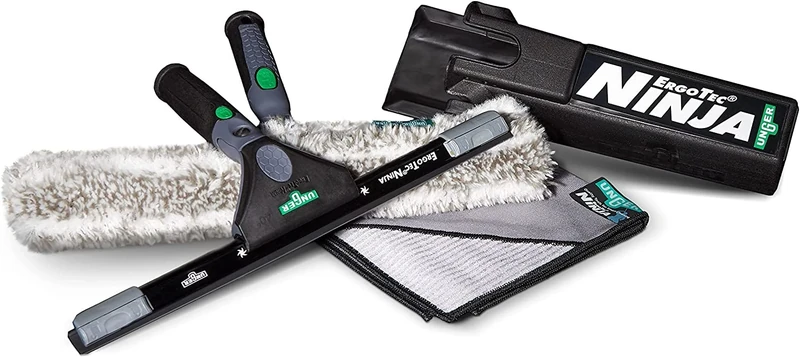 Unger ErgoTec NINJA 4-in-1 Advanced Window Cleaning Kit – Window Squeegee, Window Washer, Bucket & Microfibre Cloth – Indoor & Outdoor Professional Equipment, 6x18, Green